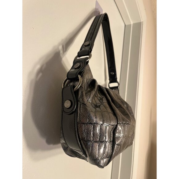 Simply Vera Wang Metallic Croc Embossed Shoulder Bag Black Strap Hobo Purse - Picture 3 of 10